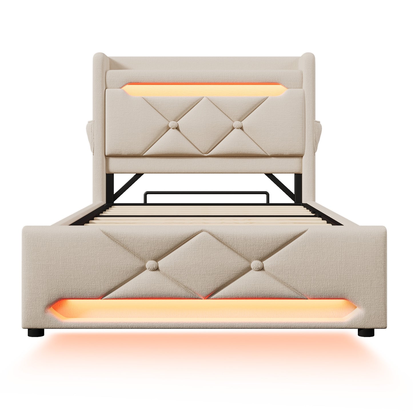 Polsterbett ágykeret, tároló fejtámlával, USB- és Type-C portokkal, 360° LED-világítással | Sincere