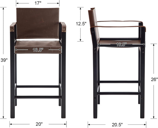 Guyou Mid Century Modern Leather Bar Stools Set of 2 - 26" Counter Height with Armrest & Wood Frame, Kitchen & Living Room Sling Stools, Brown