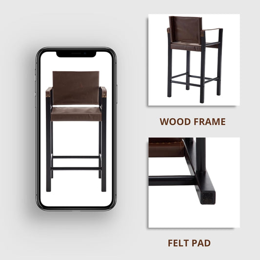 Guyou Mid Century Modern Leather Bar Stools Set of 2 - 26" Counter Height with Armrest & Wood Frame, Kitchen & Living Room Sling Stools, Brown