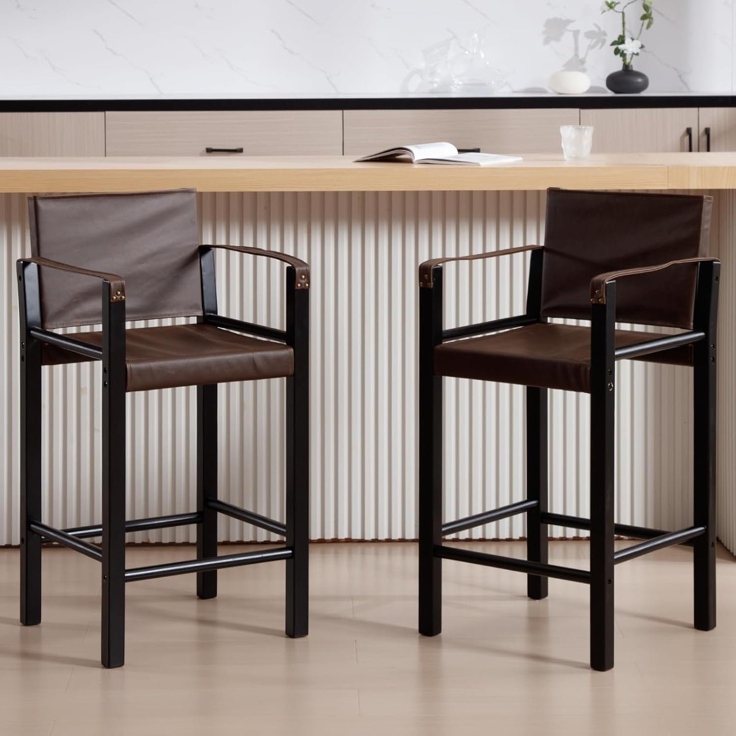 Guyou Mid Century Modern Leather Bar Stools Set of 2 - 26" Counter Height with Armrest & Wood Frame, Kitchen & Living Room Sling Stools, Brown