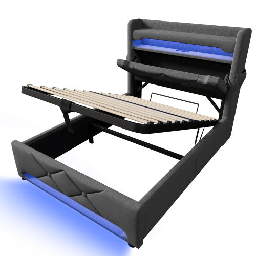 Polsterbett ágykeret, tároló fejtámlával, USB- és Type-C portokkal, 360° LED-világítással | Sincere