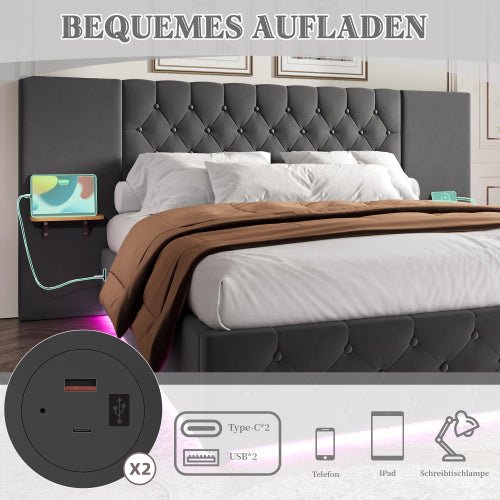 Bedora ágykeret széles fejtámlával, LED-világítással, USB-csatlakozóval és hidraulikus tárolóval | Sincere