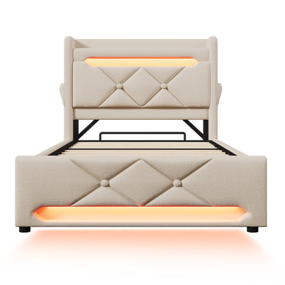 Polsterbett ágykeret, tároló fejtámlával, USB- és Type-C portokkal, 360° LED-világítással | Sincere