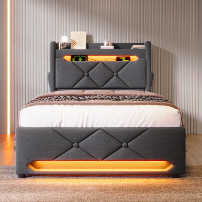 Polsterbett ágykeret, tároló fejtámlával, USB- és Type-C portokkal, 360° LED-világítással | Sincere