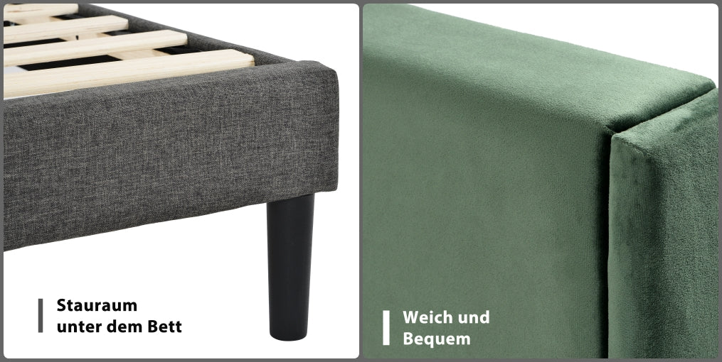 Elegante bársonyos minimalista Ágykeret párnázott fejvéggel, ágyráccsal | Sincere