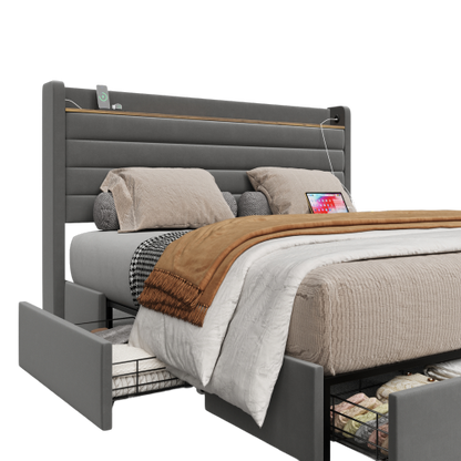 Somnia modern kárpitozott ágykeret, bársony huzattal, USB-csatlakozóval, fejtámla-tárolóval és 4 fiókos alsó résszel | Sincere