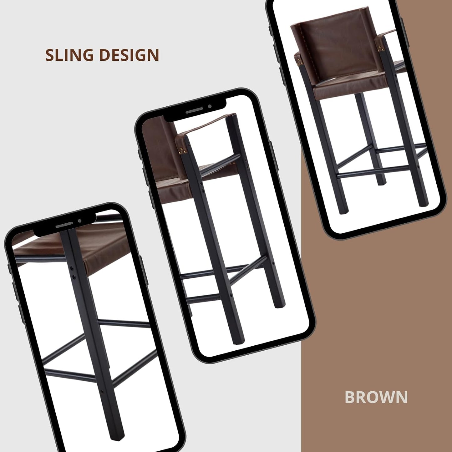 Guyou Mid Century Modern Leather Bar Stools Set of 2 - 26" Counter Height with Armrest & Wood Frame, Kitchen & Living Room Sling Stools, Brown
