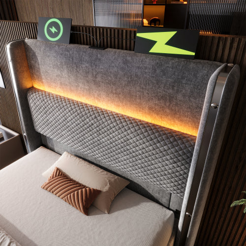 Hidrax modern hidraulikus ágy – magas fejtámlával, LED-világítással, USB/Type-C töltőkkel és tágas tárolóval | Sincere