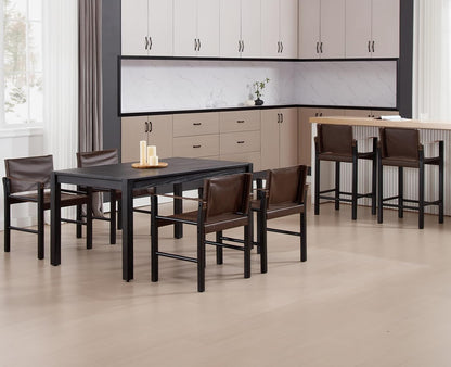 Guyou Mid Century Modern Leather Bar Stools Set of 2 - 26" Counter Height with Armrest & Wood Frame, Kitchen & Living Room Sling Stools, Brown