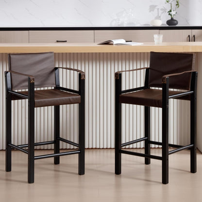 Guyou Mid Century Modern Leather Bar Stools Set of 2 - 26" Counter Height with Armrest & Wood Frame, Kitchen & Living Room Sling Stools, Brown