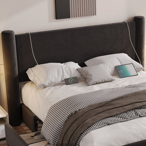 Lunox ágykeret modern kialakítással, 3D oszlopdizájn, vastagon párnázott fejtámla, 2 tárolófiók és beépített USB-csatlakozók | Sincere