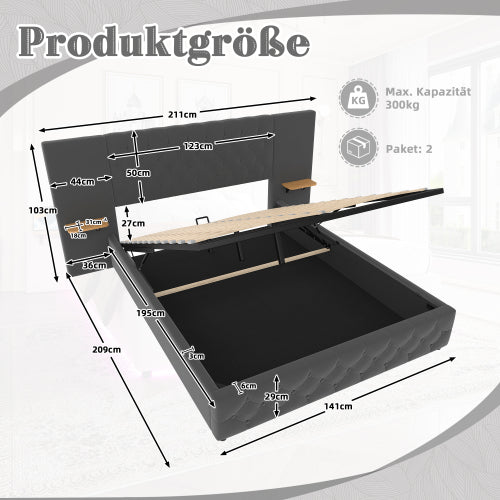 Bedora ágykeret széles fejtámlával, LED-világítással, USB-csatlakozóval és hidraulikus tárolóval | Sincere