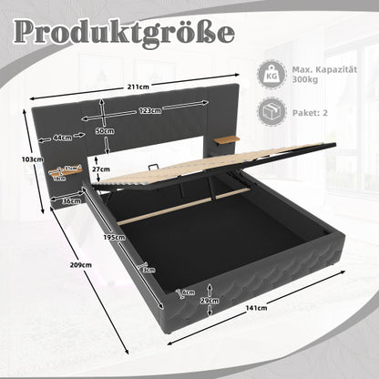 Bedora ágykeret széles fejtámlával, LED-világítással, USB-csatlakozóval és hidraulikus tárolóval | Sincere