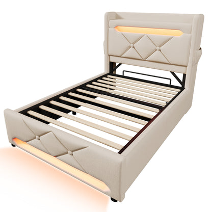Polsterbett ágykeret, tároló fejtámlával, USB- és Type-C portokkal, 360° LED-világítással | Sincere