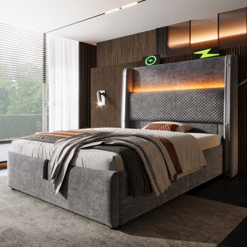 Hidrax modern hidraulikus ágy – magas fejtámlával, LED-világítással, USB/Type-C töltőkkel és tágas tárolóval | Sincere