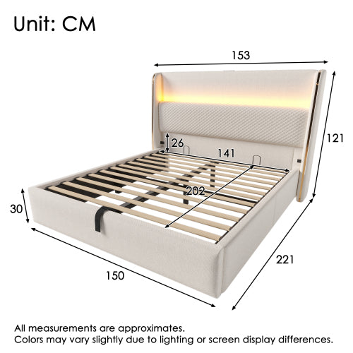 Hidrax modern hidraulikus ágy – magas fejtámlával, LED-világítással, USB/Type-C töltőkkel és tágas tárolóval | Sincere