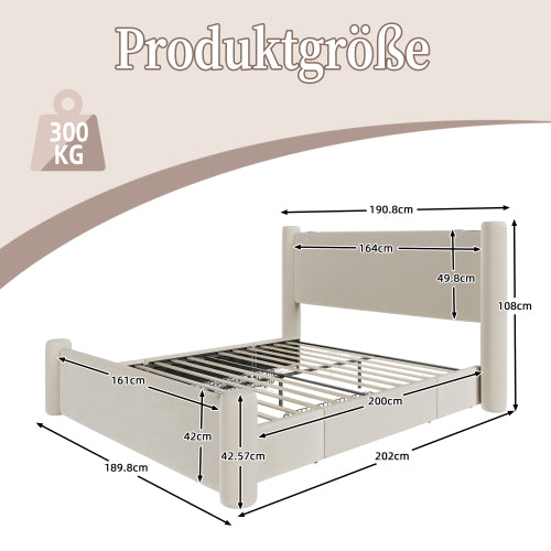 Lunox ágykeret modern kialakítással, 3D oszlopdizájn, vastagon párnázott fejtámla, 2 tárolófiók és beépített USB-csatlakozók | Sincere