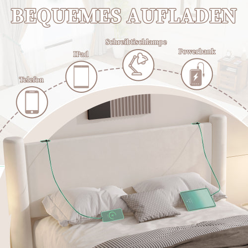 Lunox ágykeret modern kialakítással, 3D oszlopdizájn, vastagon párnázott fejtámla, 2 tárolófiók és beépített USB-csatlakozók | Sincere