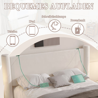 Lunox ágykeret modern kialakítással, 3D oszlopdizájn, vastagon párnázott fejtámla, 2 tárolófiók és beépített USB-csatlakozók | Sincere