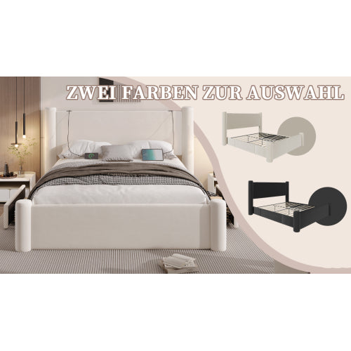 Lunox ágykeret modern kialakítással, 3D oszlopdizájn, vastagon párnázott fejtámla, 2 tárolófiók és beépített USB-csatlakozók | Sincere