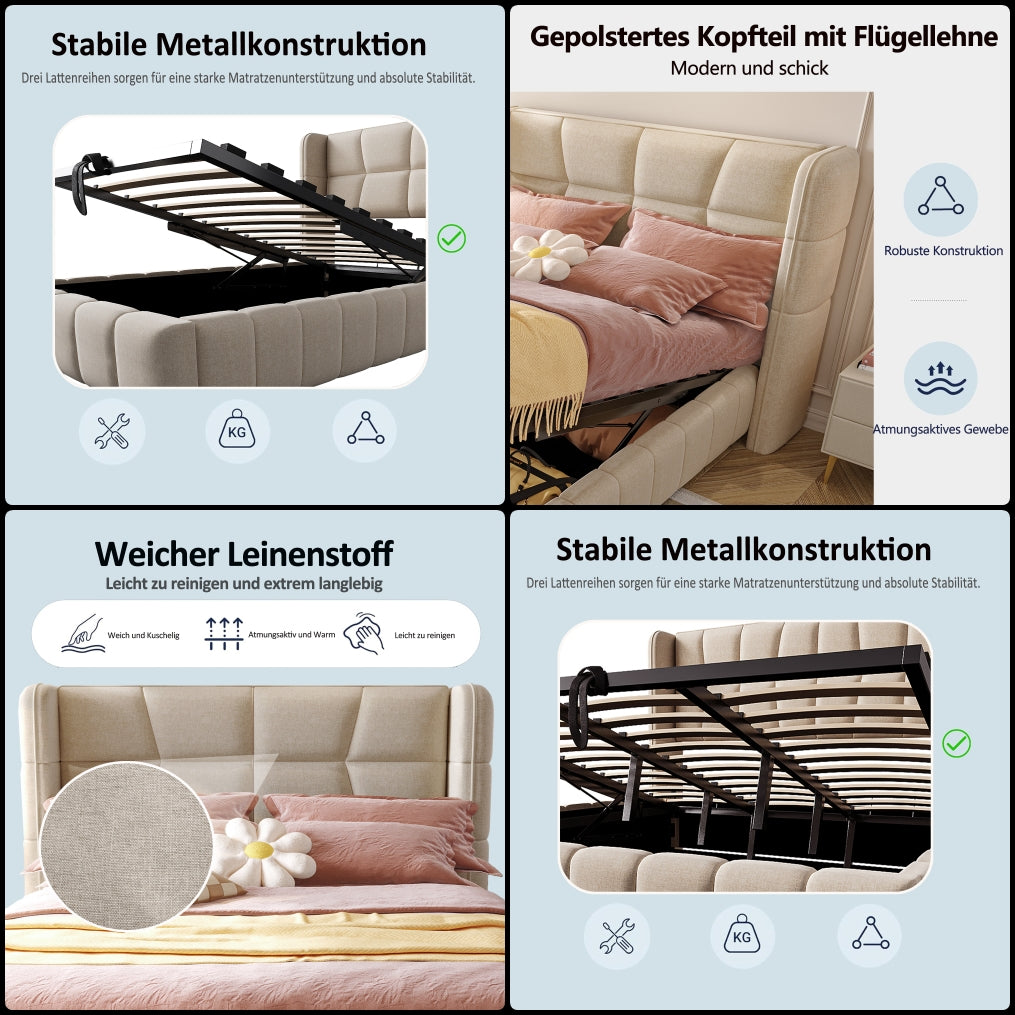 Nobilis elegáns kárpitozott ágykeret pneumatikus ágyneműtartóval – lenvászon hatású borítással | Sincere