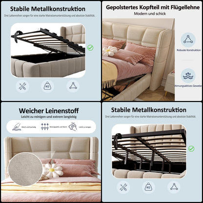 Nobilis elegáns kárpitozott ágykeret pneumatikus ágyneműtartóval – lenvászon hatású borítással | Sincere