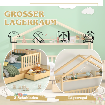 Junior SkandiHáz – tömör fenyő házikó ágy fiókokkal | Sincere