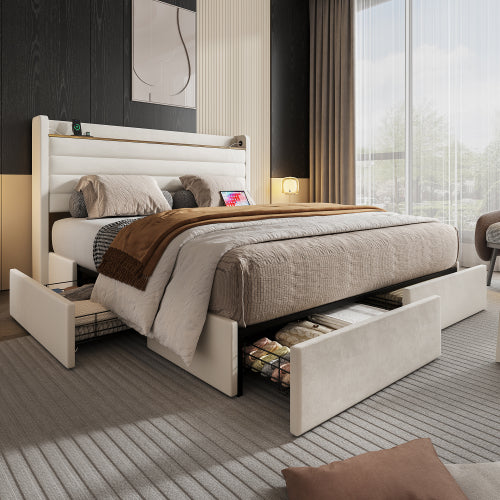 Somnia modern kárpitozott ágykeret, bársony huzattal, USB-csatlakozóval, fejtámla-tárolóval és 4 fiókos alsó résszel | Sincere