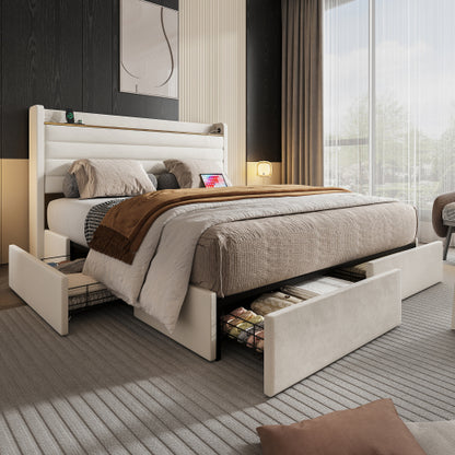 Somnia modern kárpitozott ágykeret, bársony huzattal, USB-csatlakozóval, fejtámla-tárolóval és 4 fiókos alsó résszel | Sincere
