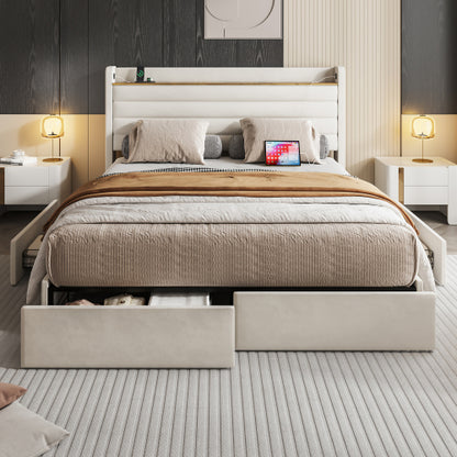 Somnia modern kárpitozott ágykeret, bársony huzattal, USB-csatlakozóval, fejtámla-tárolóval és 4 fiókos alsó résszel | Sincere