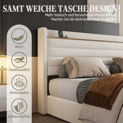 Somnia modern kárpitozott ágykeret, bársony huzattal, USB-csatlakozóval, fejtámla-tárolóval és 4 fiókos alsó résszel | Sincere