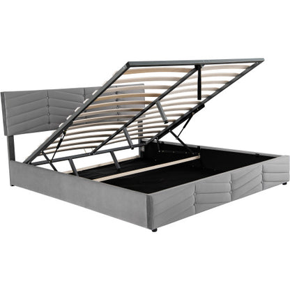 Velaro kárpitozott ágy, hidraulikus tárolóval, fa lamellákkal és fémvázzal | Sincere