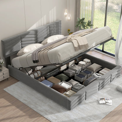 Velaro kárpitozott ágy, hidraulikus tárolóval, fa lamellákkal és fémvázzal | Sincere