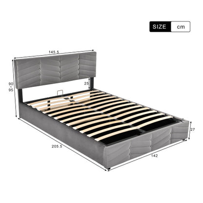 Velaro kárpitozott ágy, hidraulikus tárolóval, fa lamellákkal és fémvázzal | Sincere