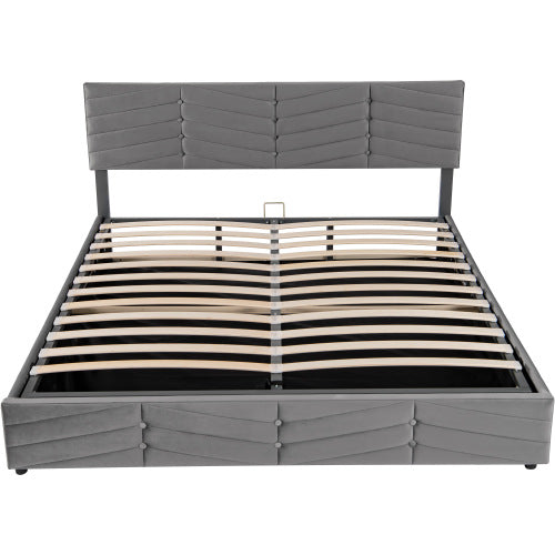 Velaro kárpitozott ágy, hidraulikus tárolóval, fa lamellákkal és fémvázzal | Sincere