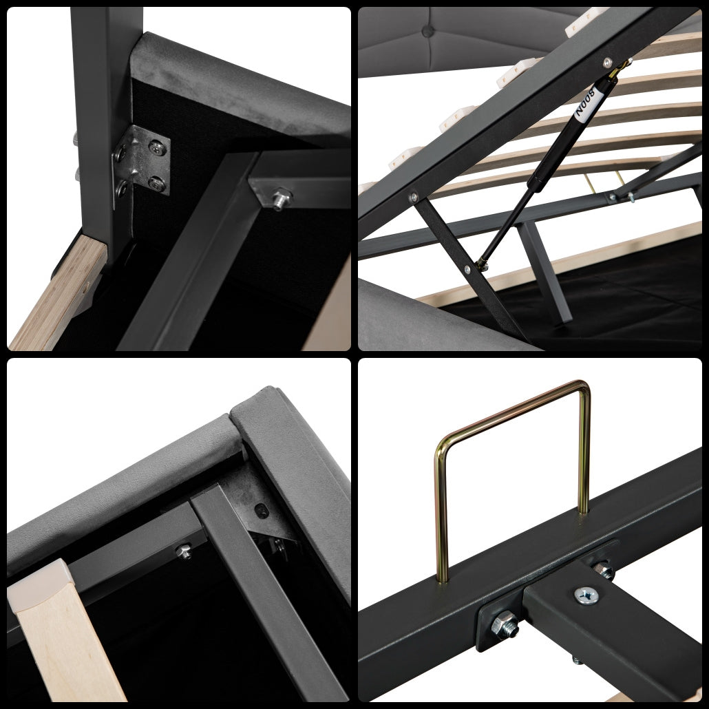 Velaro kárpitozott ágy, hidraulikus tárolóval, fa lamellákkal és fémvázzal | Sincere