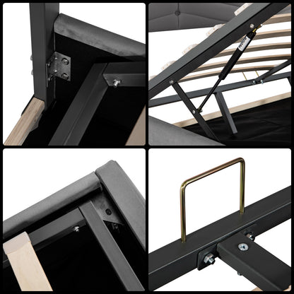 Velaro kárpitozott ágy, hidraulikus tárolóval, fa lamellákkal és fémvázzal | Sincere