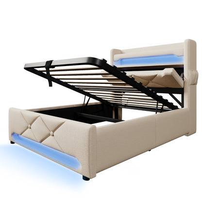 Polsterbett ágykeret, tároló fejtámlával, USB- és Type-C portokkal, 360° LED-világítással | Sincere