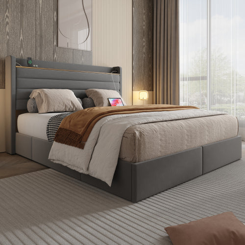 Somnia modern kárpitozott ágykeret, bársony huzattal, USB-csatlakozóval, fejtámla-tárolóval és 4 fiókos alsó résszel | Sincere