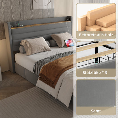 Somnia modern kárpitozott ágykeret, bársony huzattal, USB-csatlakozóval, fejtámla-tárolóval és 4 fiókos alsó résszel | Sincere