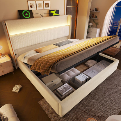 Hidrax modern hidraulikus ágy – magas fejtámlával, LED-világítással, USB/Type-C töltőkkel és tágas tárolóval | Sincere