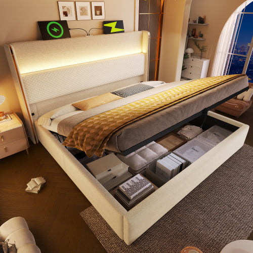 Hidrax modern hidraulikus ágy – magas fejtámlával, LED-világítással, USB/Type-C töltőkkel és tágas tárolóval | Sincere