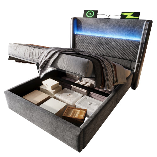 Hidrax modern hidraulikus ágy – magas fejtámlával, LED-világítással, USB/Type-C töltőkkel és tágas tárolóval | Sincere