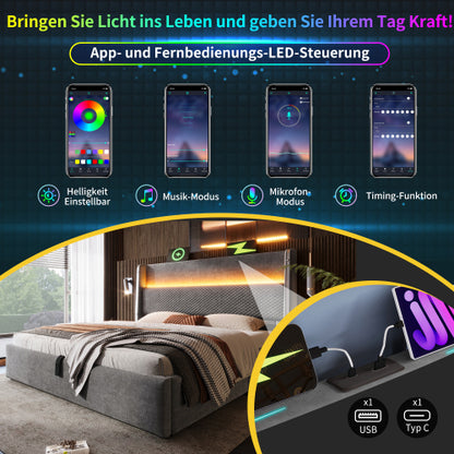 Hidrax modern hidraulikus ágy – magas fejtámlával, LED-világítással, USB/Type-C töltőkkel és tágas tárolóval | Sincere