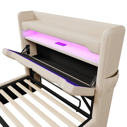 Polsterbett ágykeret, tároló fejtámlával, USB- és Type-C portokkal, 360° LED-világítással | Sincere