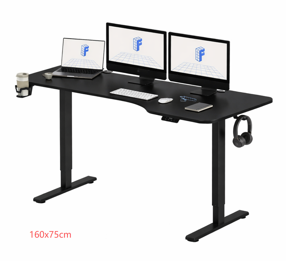 Elektromos magasságállítható íróasztal memóriafunkciós vezérléssel, pohár- és fejhallgatótartóval, két méretben és három színben